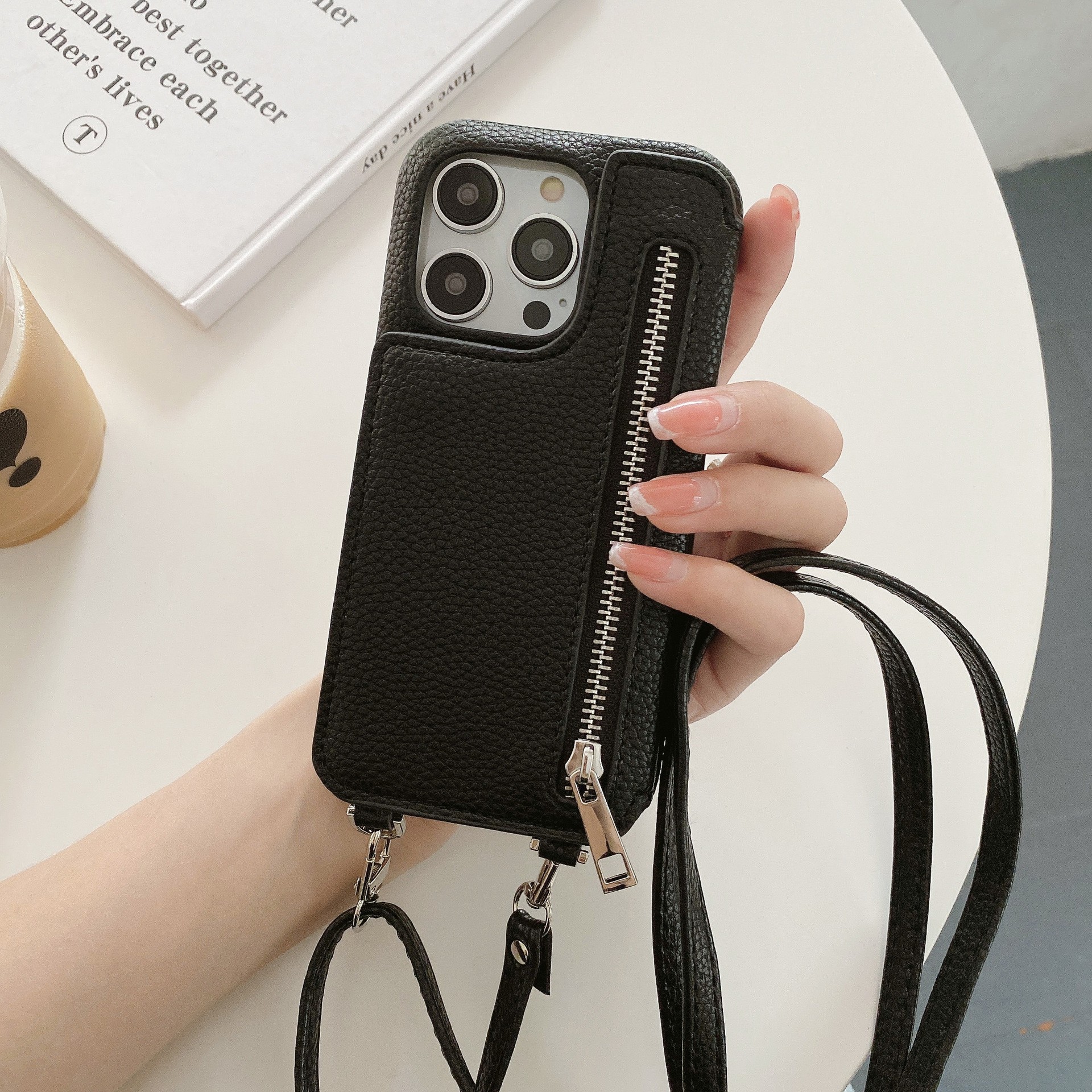 Phone Case Lychee Pattern Card-inserting Beauty Mirror Crossbody