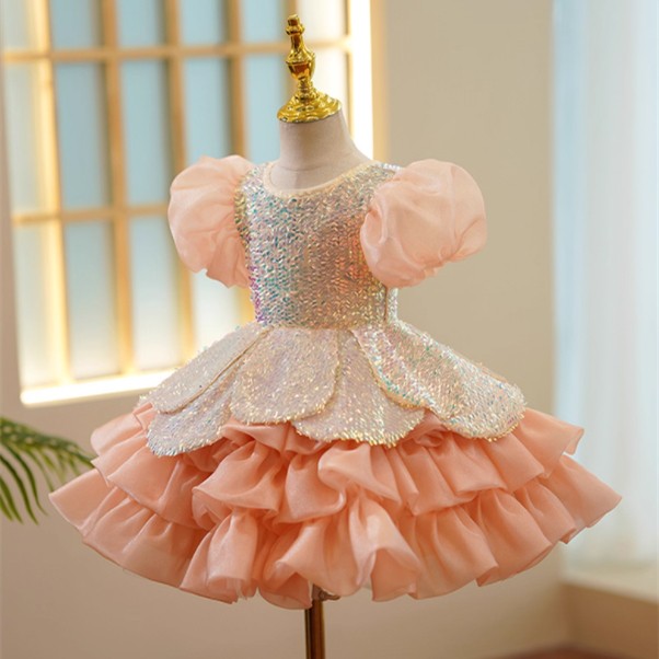 Girls Pure Color Sequins Puff Sleeve Princess Dress