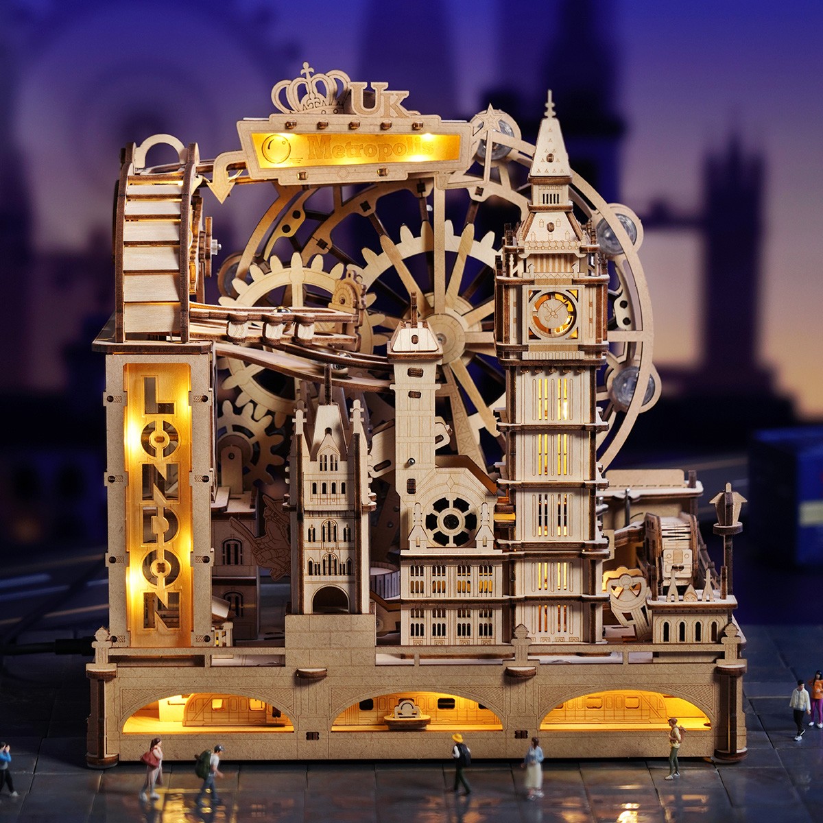 ROBOTIME 3D Wooden Puzzle London City Mechanical Model With Marble Run & LED Lights, DIY Decorative Kit For Adults & Teens