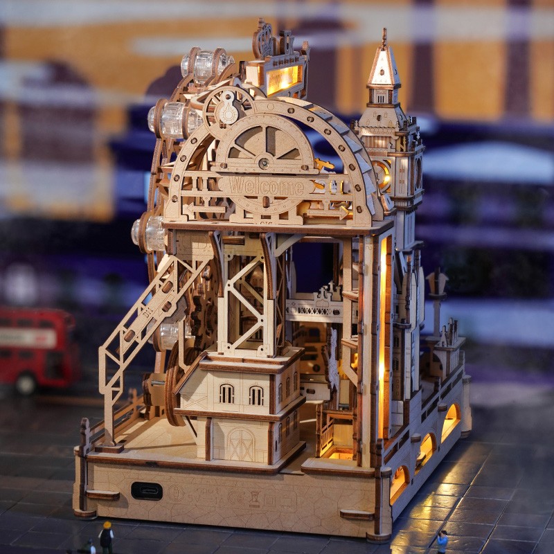 ROBOTIME 3D Wooden Puzzle London City Mechanical Model With Marble Run & LED Lights, DIY Decorative Kit For Adults & Teens