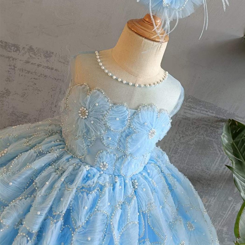 Girl's Dress Blue Super Fairy Pettiskirt Piano Performance Costume