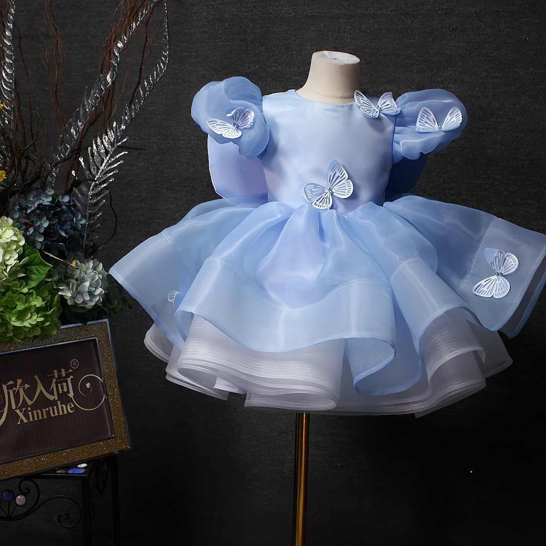 Blue For Children Short Butterfly Dress New Bubble Skirt