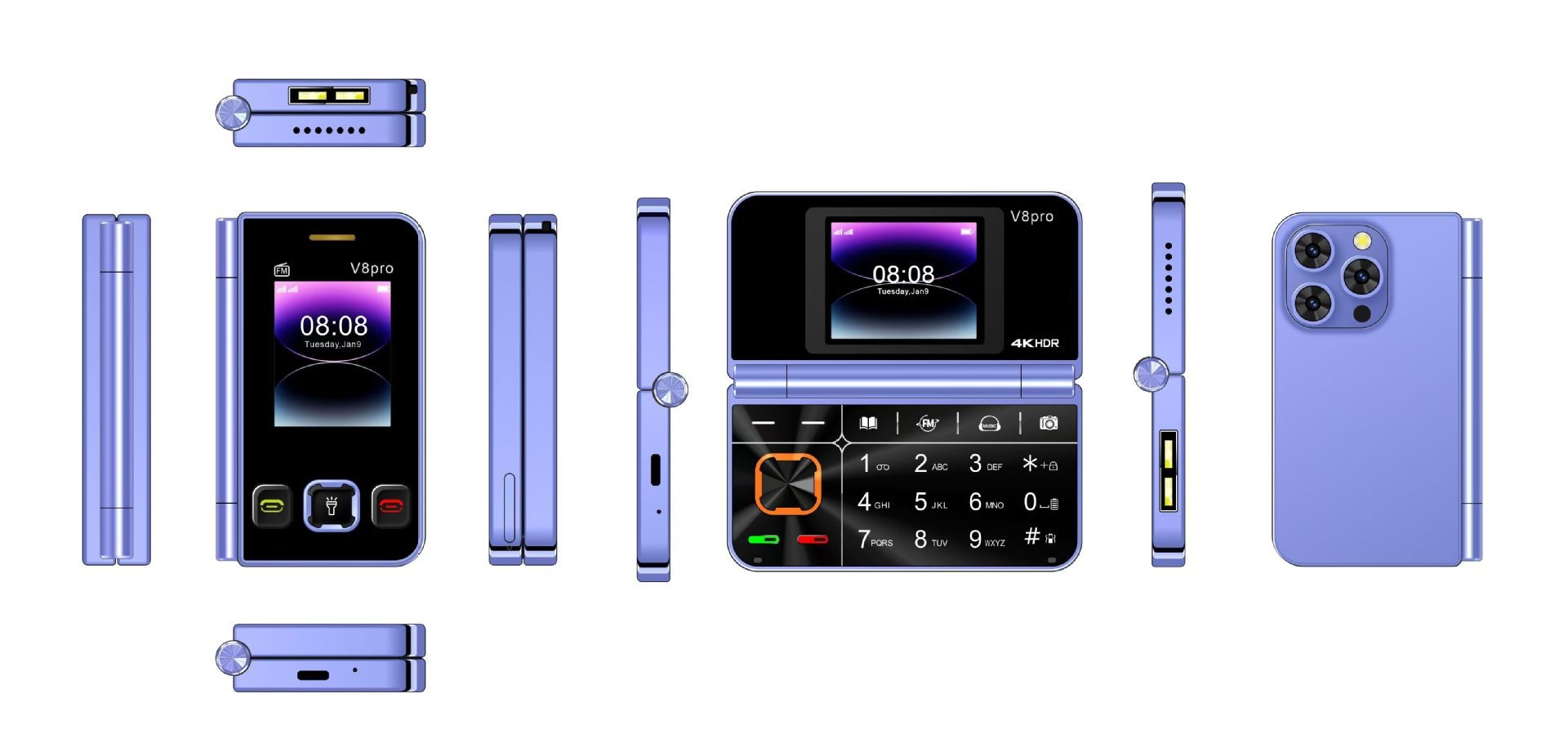 V8pro Dual Screen Folding Flip Function Mobile Phone