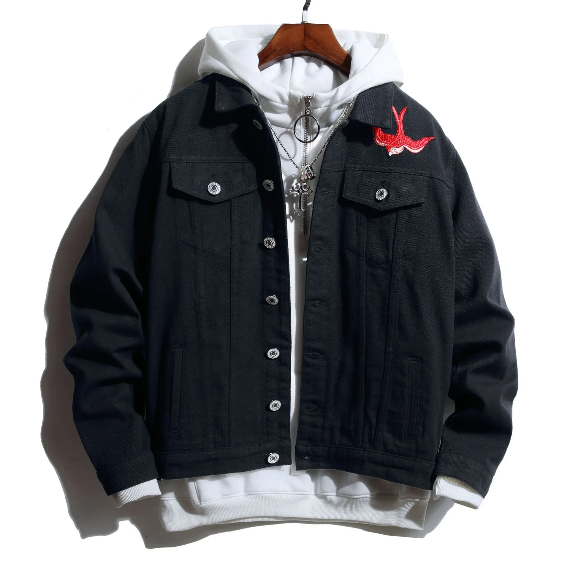 Mens Black Hooded Denim Jacket