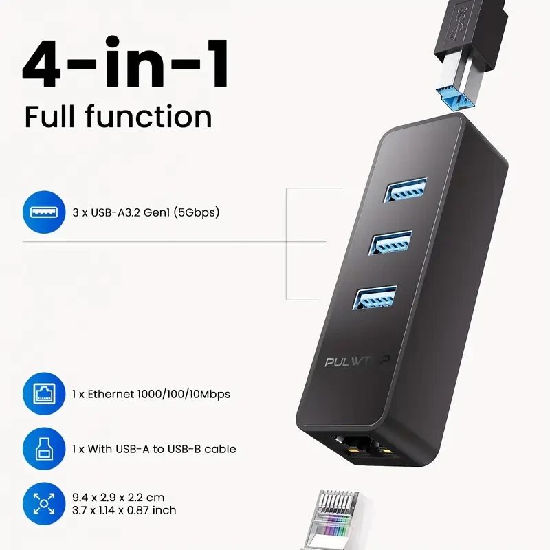 PULWTOP 4-in-1 USB HUB with 3 USB-A 3.0 Ports