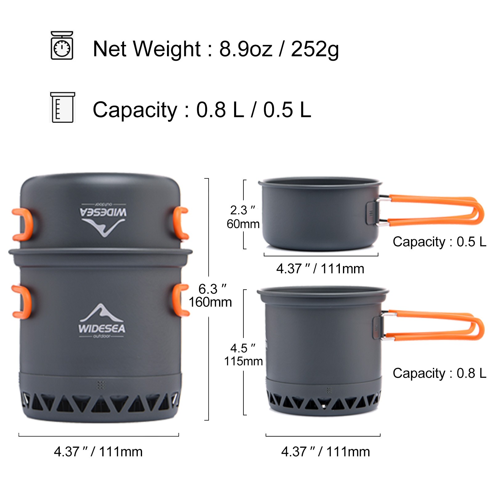 Widesea Camping Cookware Set  Portable 1.3L/2.3L Outdoor Cooking Kit with Pot