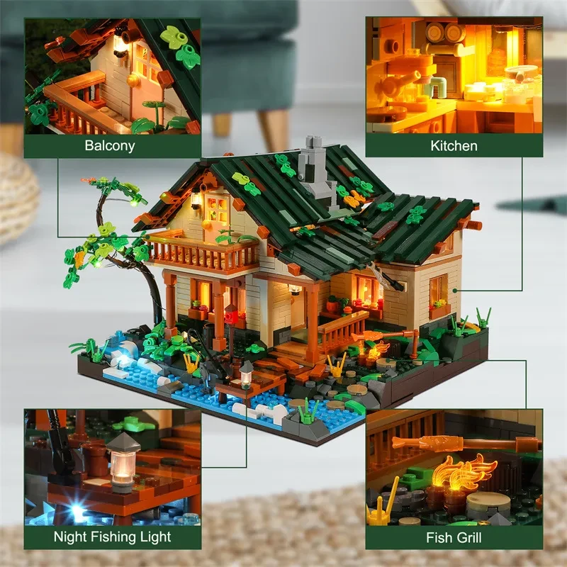 The Lakeside Hut Is Equipped With LED Lighting Puzzle Assembly Building Block Lighting Toys