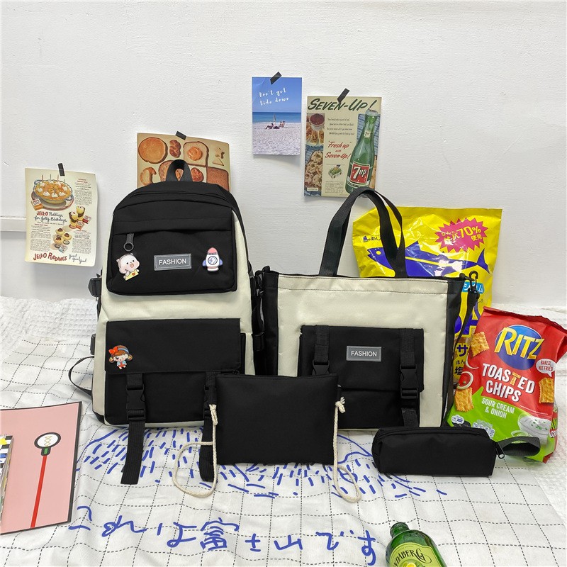 Korean Style Mori Casual Oxford Cloth Student Four-piece Set Backpack