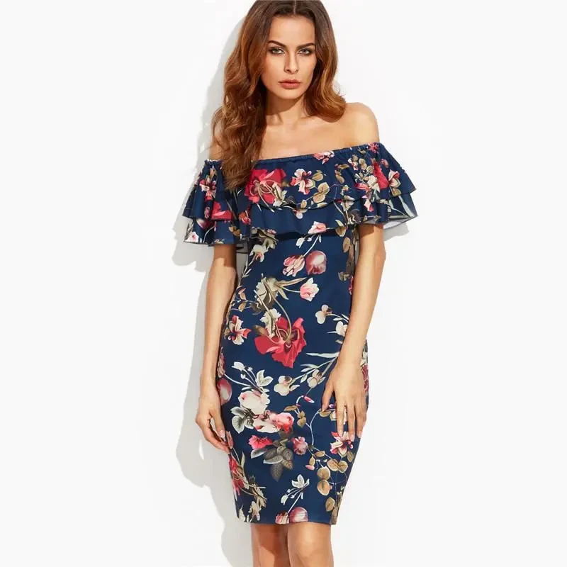 Navy Floral Cold Shoulder Dress
