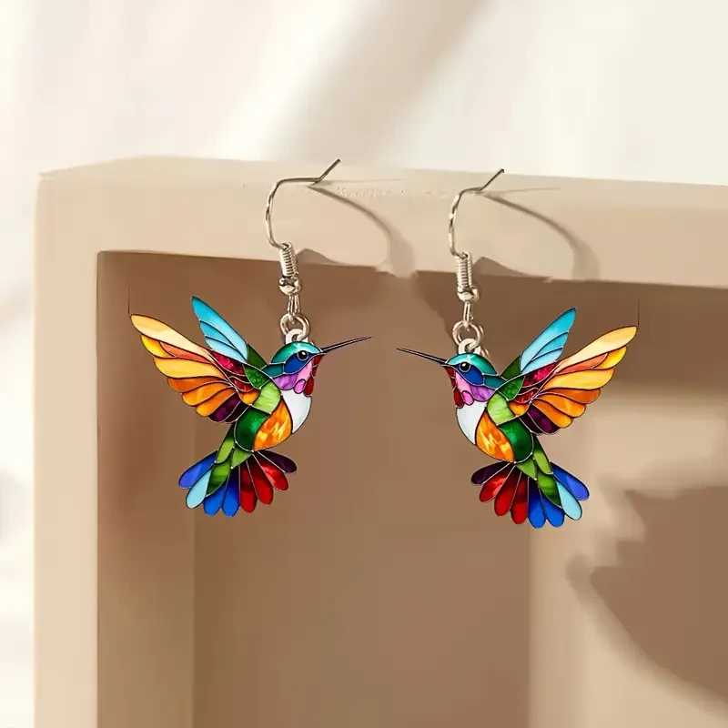 1 Pair Acrylic Hummingbird Earrings, Colorful 2D Design, Featherless, Stainless Steel Hooks24