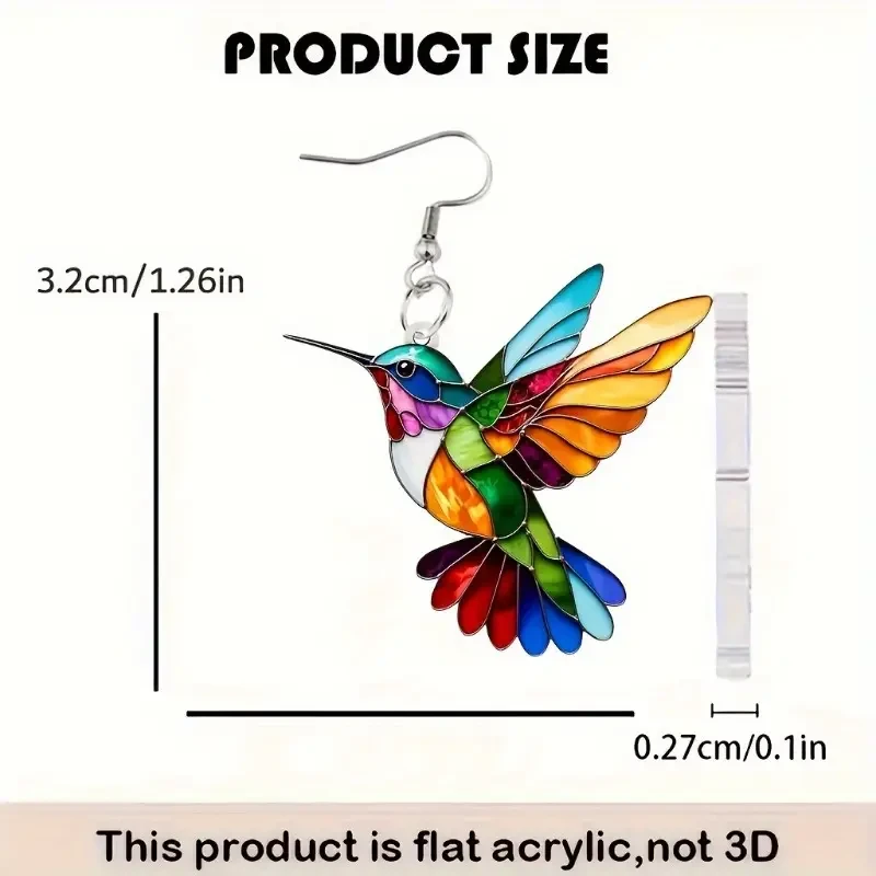 1 Pair Acrylic Hummingbird Earrings, Colorful 2D Design, Featherless, Stainless Steel Hooks24