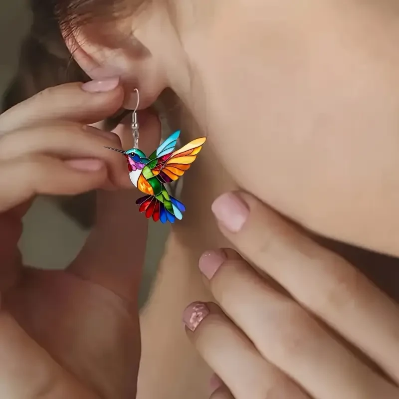 1 Pair Acrylic Hummingbird Earrings, Colorful 2D Design, Featherless, Stainless Steel Hooks24