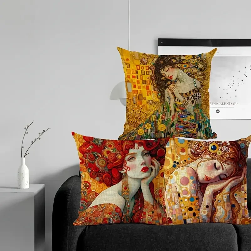 18x18 Inches Durable Linen Gustav Klimt Artistic Print Cushion Cover Vintage Style with Beautiful Woman Design
