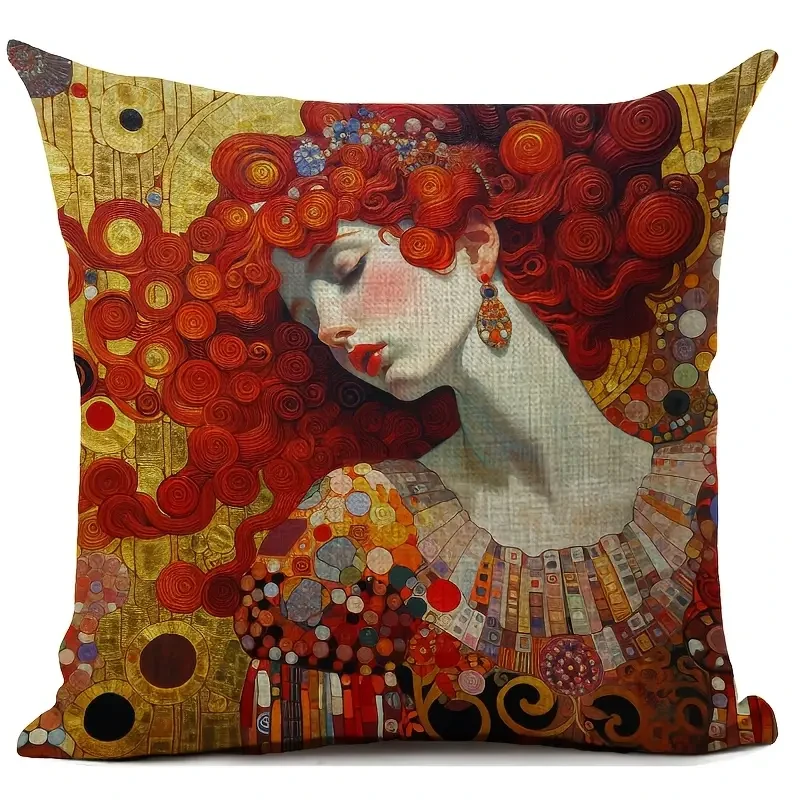 18x18 Inches Durable Linen Gustav Klimt Artistic Print Cushion Cover Vintage Style with Beautiful Woman Design