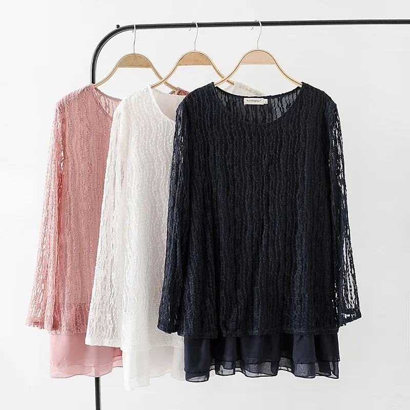 Women's Plus Fertilizer Spring Loose And Thin Ladies Lace Stitching Long-Sleeved Chiffon Shirt