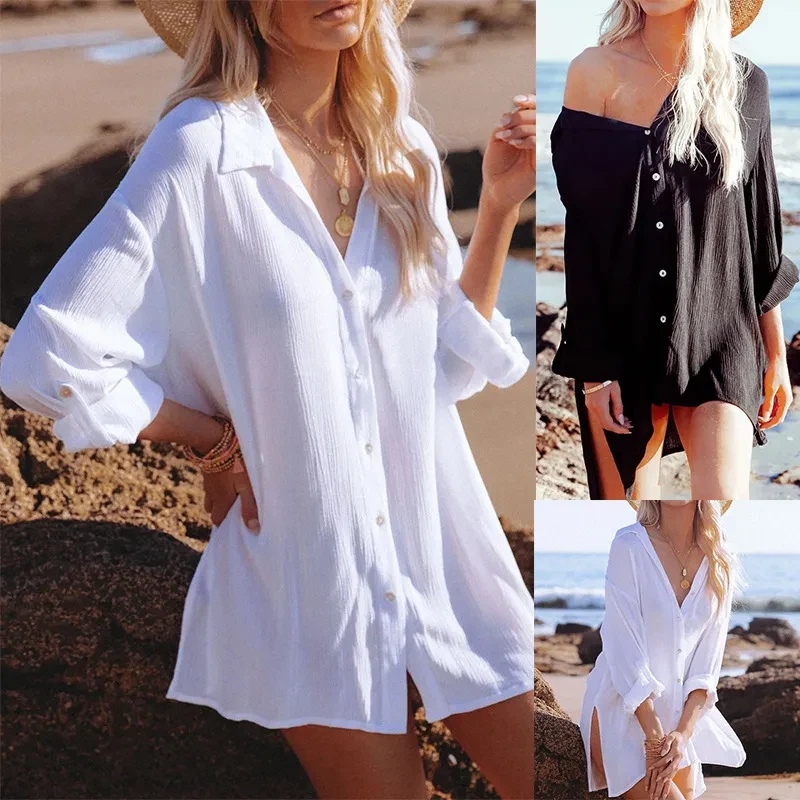 Ins Wind Net Red Lazy Beach Blouse Mid-Length Loose Shirt