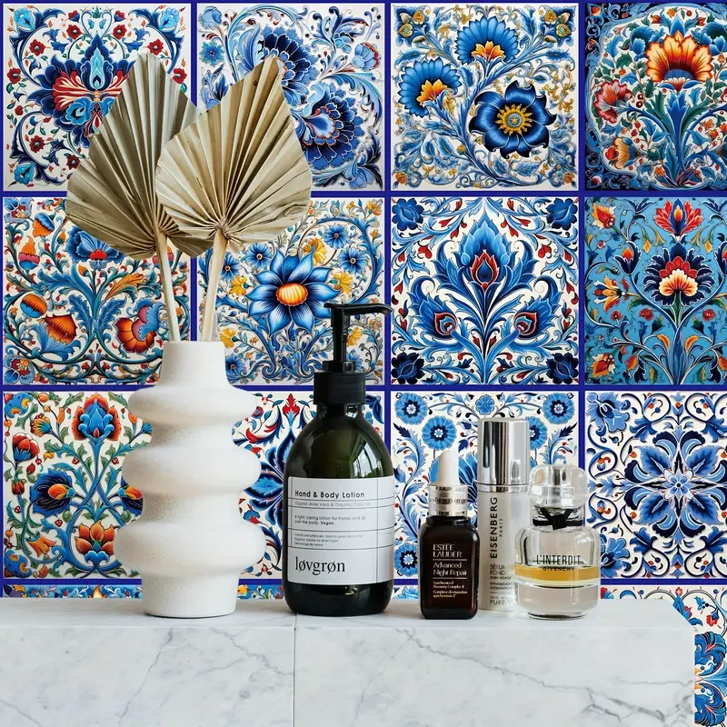 20pcs Elegant Blue & White Turkish Tile Stickers  Ocean-Inspired Design for Kitchens & Bathrooms