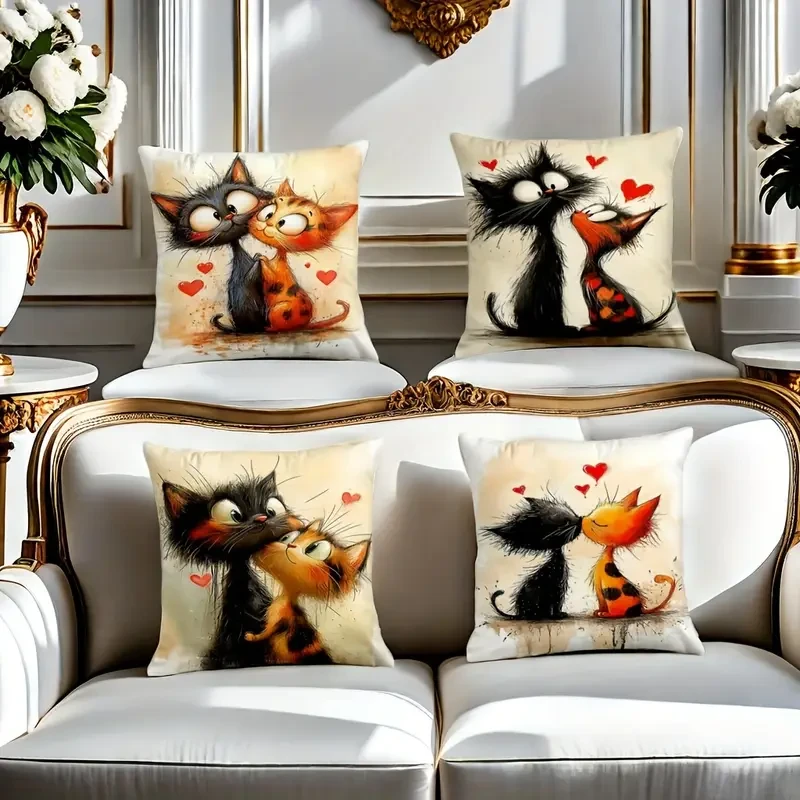 Hand-Drawn Cat Couple Design Throw Pillow Covers - Set of 4
