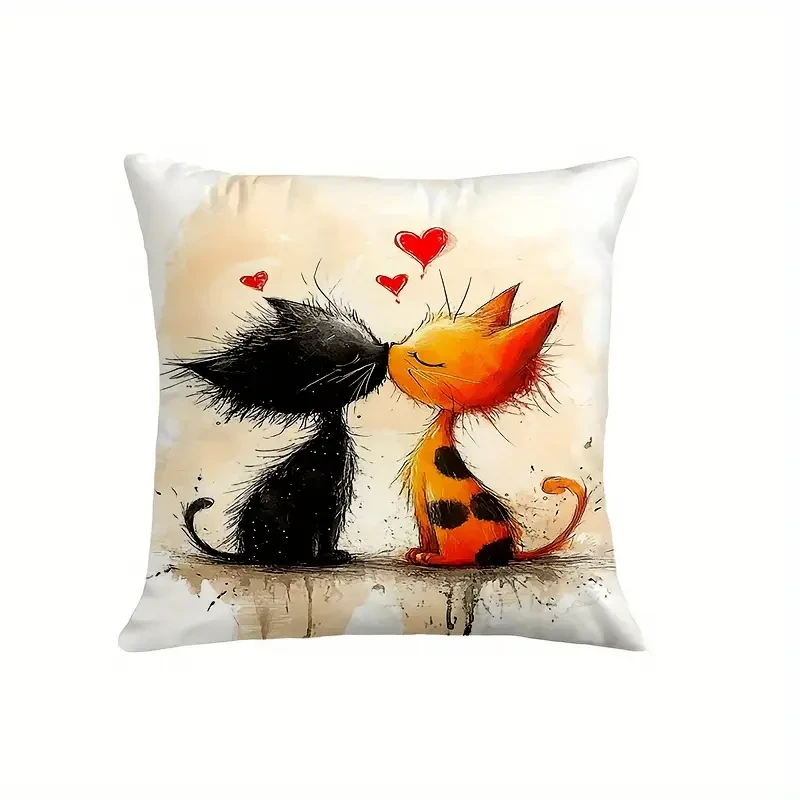 Hand-Drawn Cat Couple Design Throw Pillow Covers - Set of 4