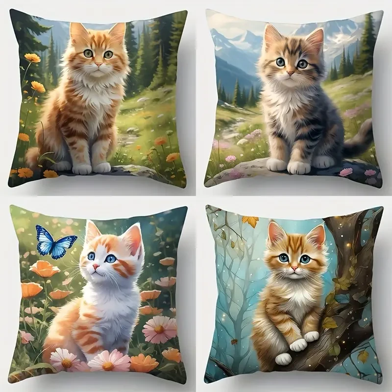 4-Pack Contemporary Throw Pillow Covers - Cute Cat Floral Print