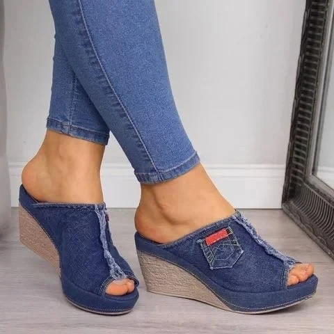 Denim Fish Mouth Wedge SlippersHot Sale 50% OFF