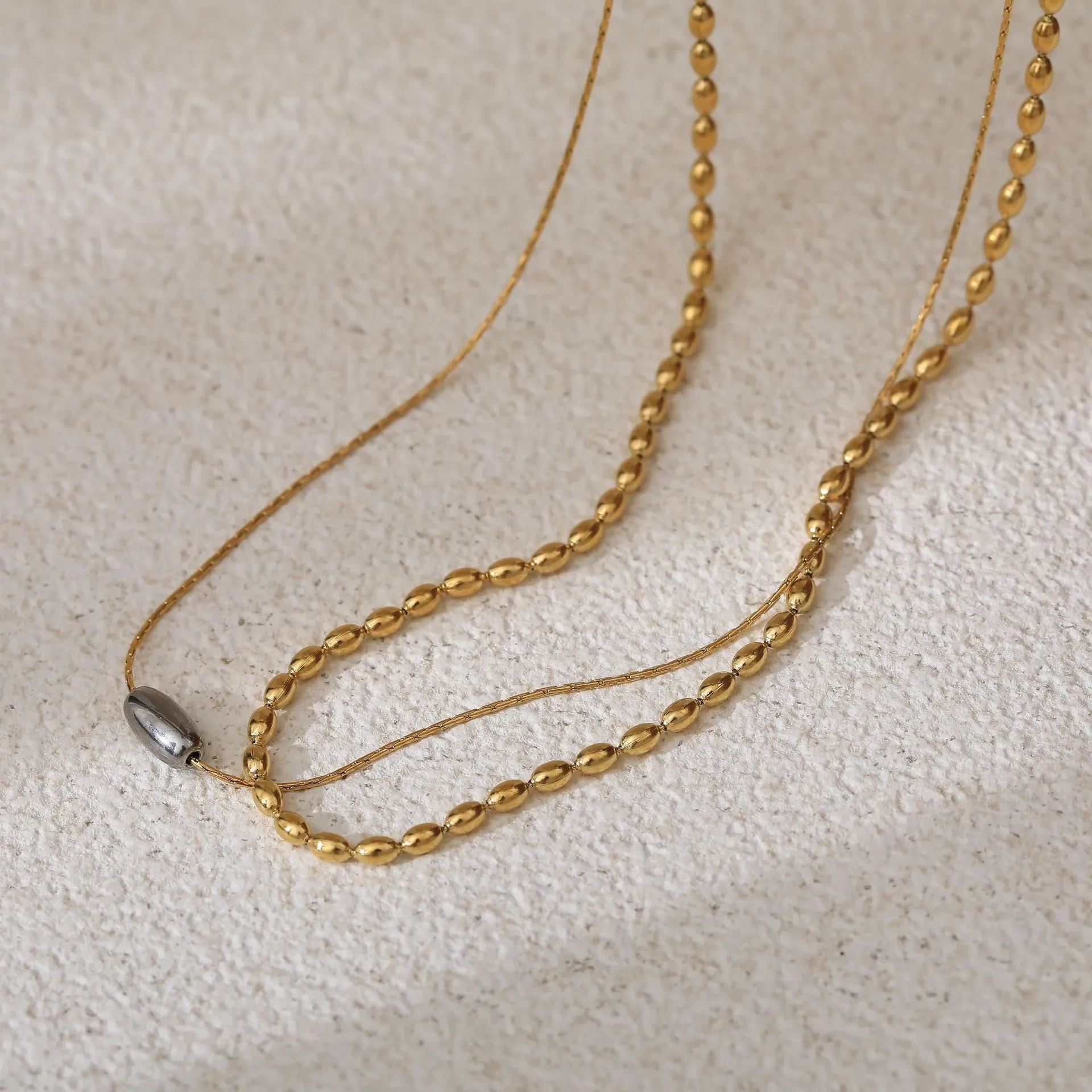 Titanium Steel Gold Rice Grain Double-layer Contrast Color Necklace