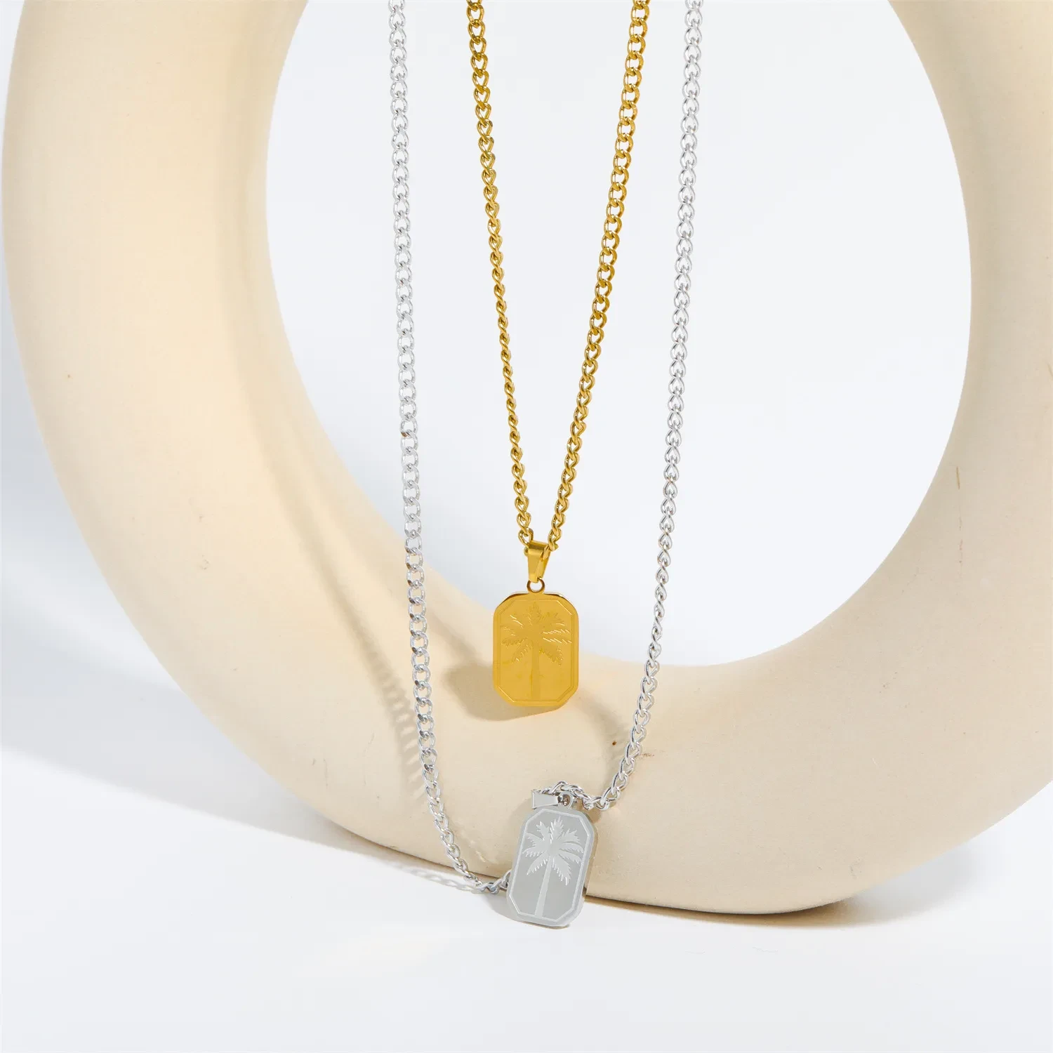 Stainless Steel Palm Leaf Square Pendant Necklace Trendy Sweater Chain
