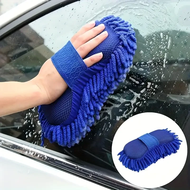 1pc Car Wash Mitt Chenille Microfiber Wash Sponge & Ultra-Absorbent Microfiber Waffle Drying Towel