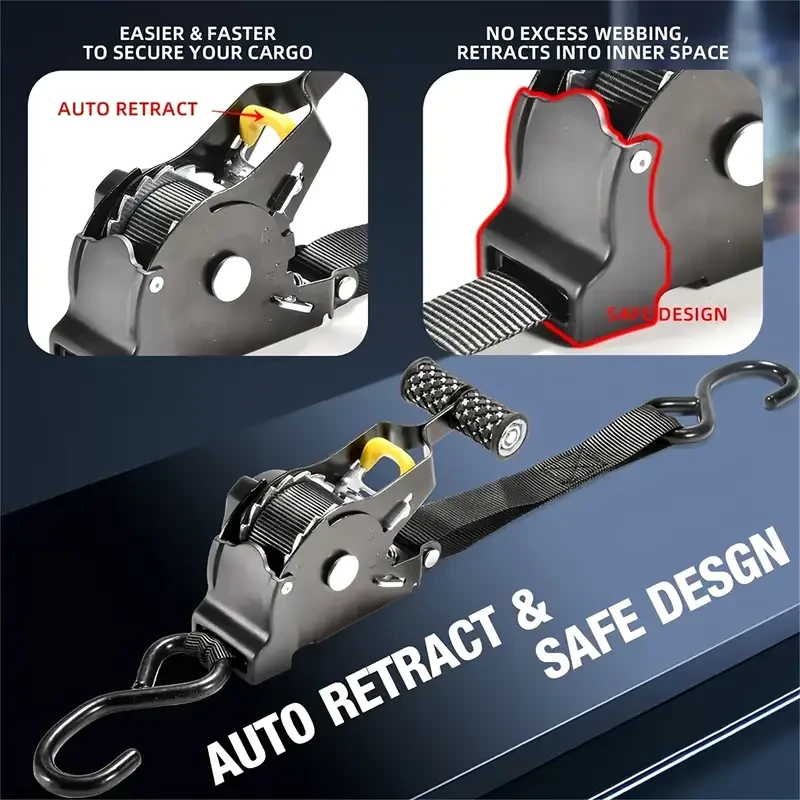 YQIUS 2-Pack Retractable Ratchet Straps with S-Hooks, Front Location, Quick Retract, 700kg Load Capacity, for Motorcycles, Trucks, Kayaks, ATVs, Boats - Durable Auto Retractable Ratchet Straps