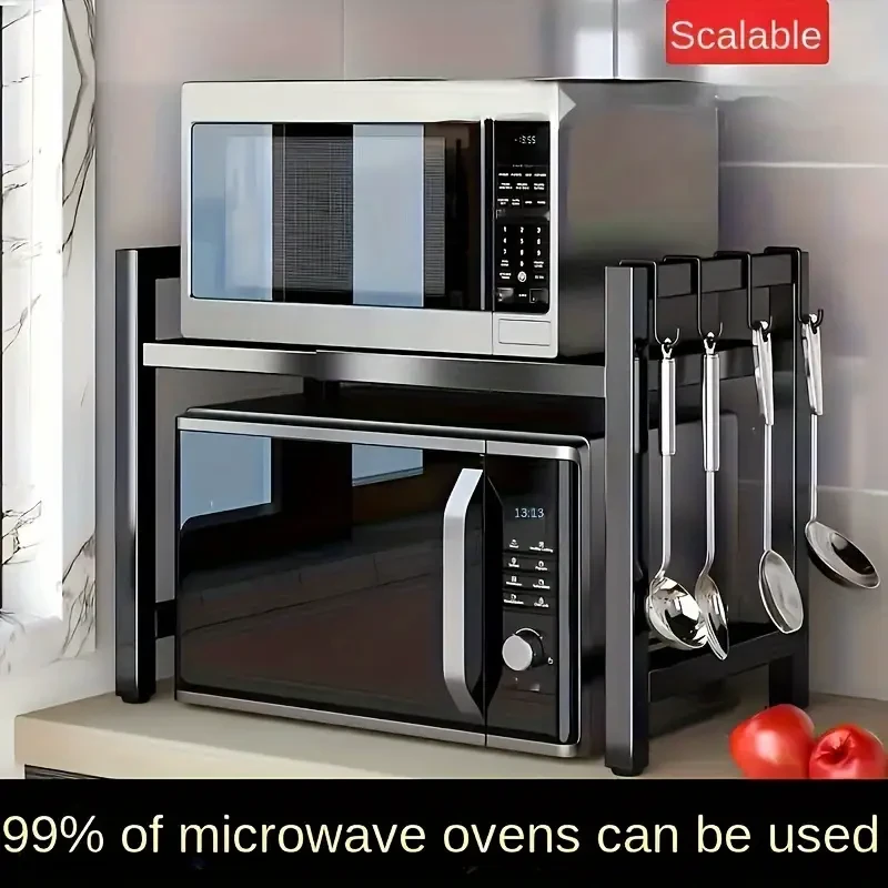 1pc Microwave Oven Rack, Expandable Microwave Stand, Countertop Kitchen Utensils Tableware Storage Rack, Carbon Steel Over Microwave Shelf With 6 Hook