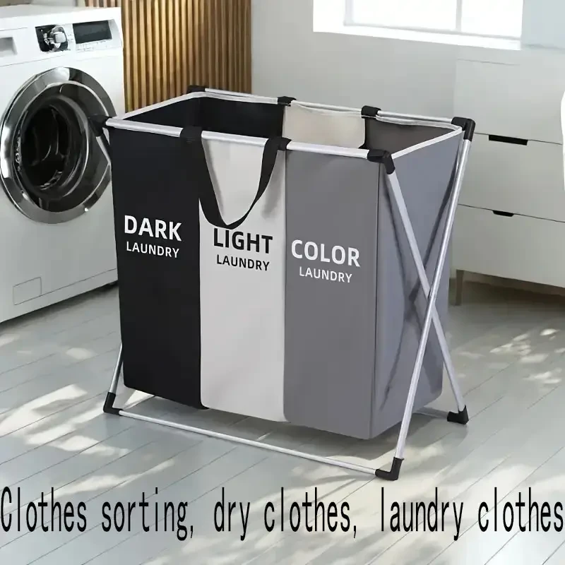 Foldable Triple-Grid Laundry Basket in Grey - Durable Canvas with Dark