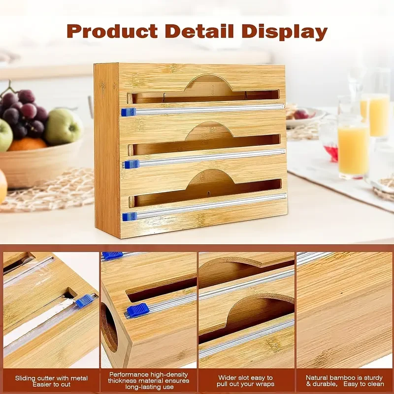 Streamlined Storage, Bamboo 3-in-1 Wrap Organizer with Cutter - Durable Kitchen Storage for Foil, Plastic Wrap & Wax Paper