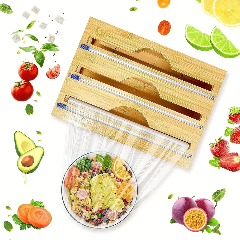 Streamlined Storage, Bamboo 3-in-1 Wrap Organizer with Cutter - Durable Kitchen Storage for Foil, Plastic Wrap & Wax Paper