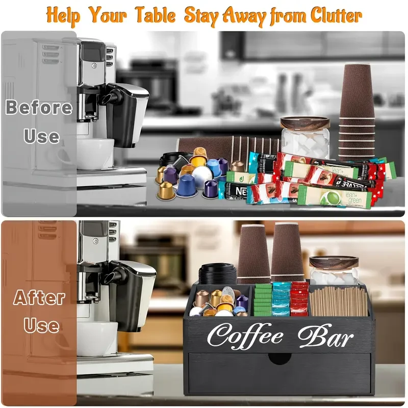 Coffee Bar Organizer Station with Drawer and Basket for Kitchen, Cafe, Office