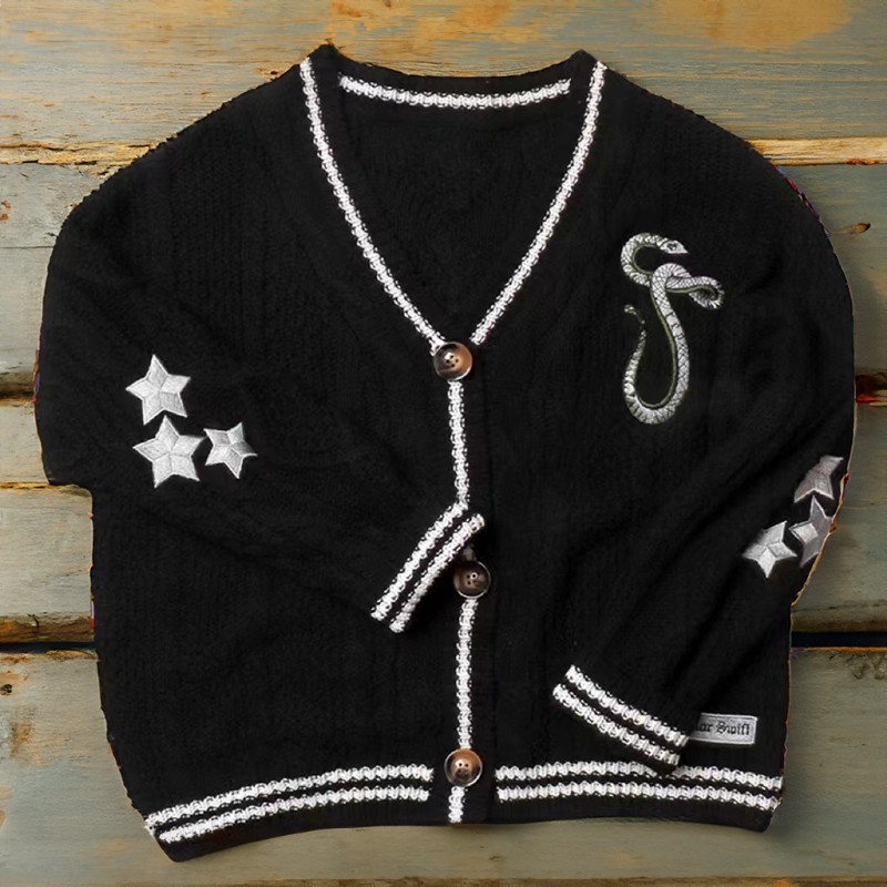 Reputation Cardigan with Snake Star Design Taylor Inspired Embroidered V-Neck Sweater