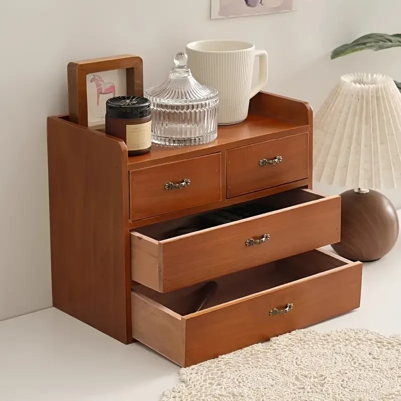 Retro Wooden Desktop Storage Cabinet with Multiple Drawers