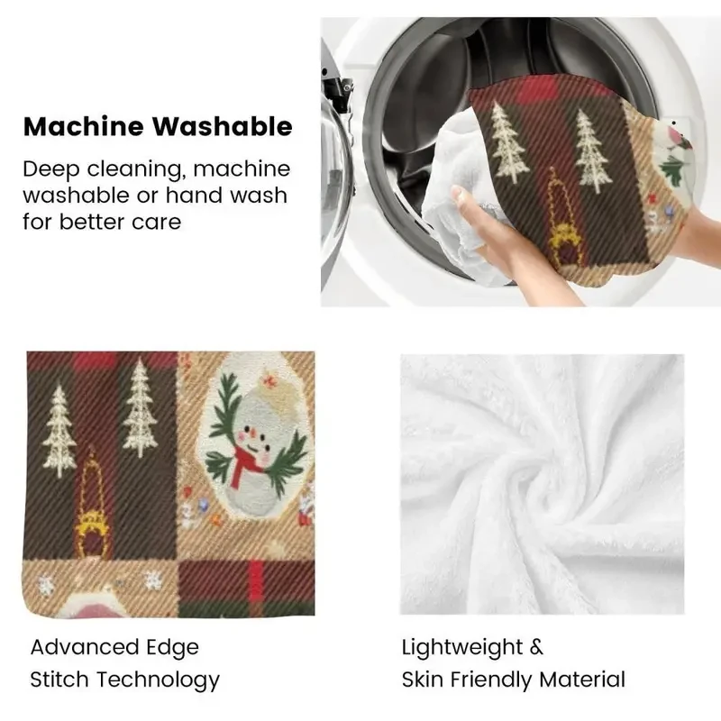 Cozy Festive Plaid Throw Blanket with Snowman & Christmas Tree Design - Soft