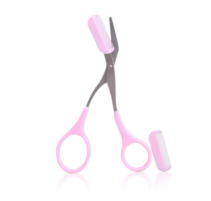 Precision Pink Eyebrow Trimming Scissors with Built-In Comb