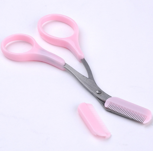 Precision Pink Eyebrow Trimming Scissors with Built-In Comb