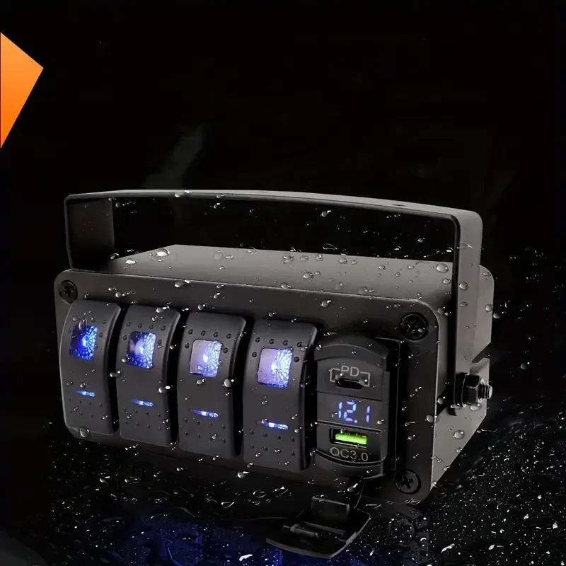 VALESUN 4 Gang Rocker Switch Box with QC 3.0 USB Charger & Voltmeter