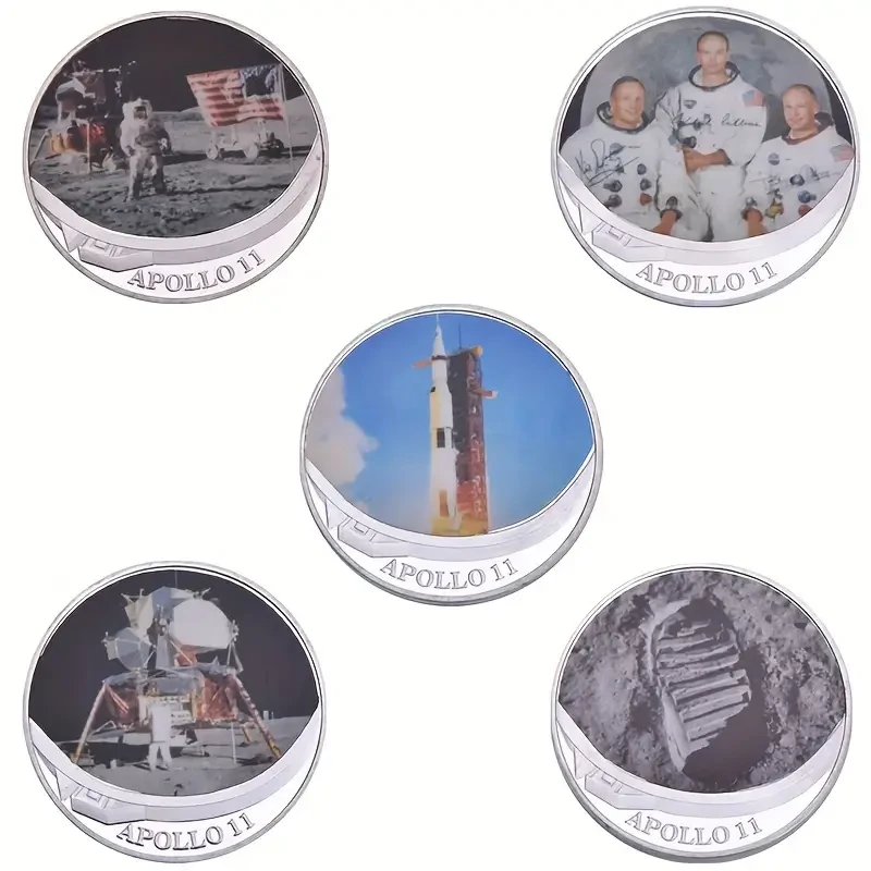 Apollo 11 Moon Landing Commemorative Coin Set, Iron Novelty Coins, First Successful Lunar Mission Souvenir, Space Collectibles, Educational Gift, Suitable for Ages 14+ - Pack of 5