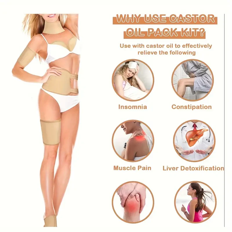 9pcs Reusable Castor Oil Pack Kit for Women, Adjustable Elastic Bands, Laundry Bag, Machine Washable, Body Shaping Support for Stomach, Neck, Chest, Knees, Feet, Calf, Arm