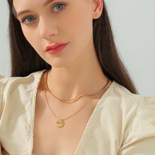 Blade Chain Double Layer Twin Rose Brass Gold Plated Short Necklace