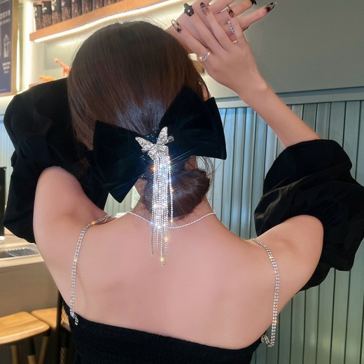 High-end Light Luxury Black Velvet Bow Tassel Hair Clip