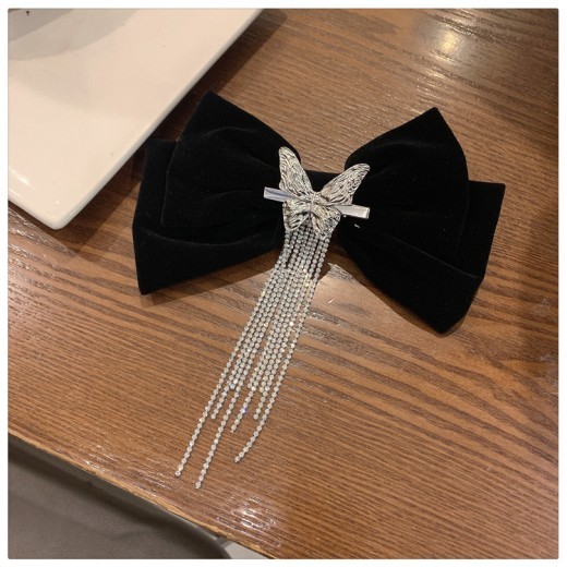 High-end Light Luxury Black Velvet Bow Tassel Hair Clip
