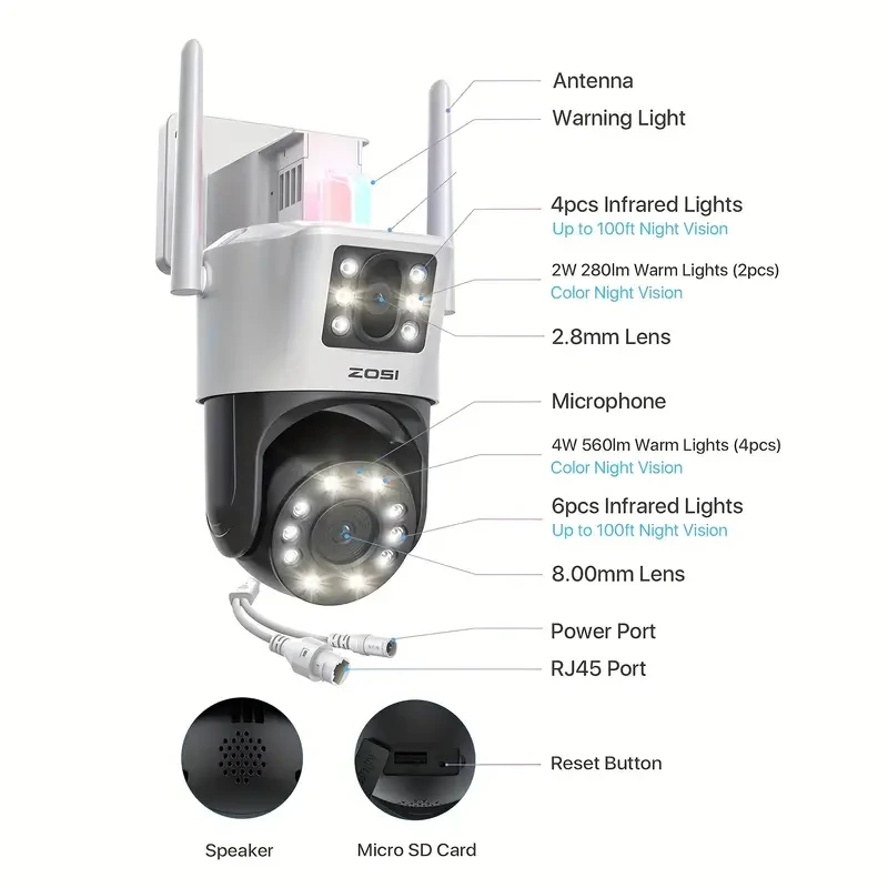 ZOSI 4K Dual-Lens PTZ Security Camera - 360 Outdoor, 8X Zoom, Color Night Vision (C298 Max)