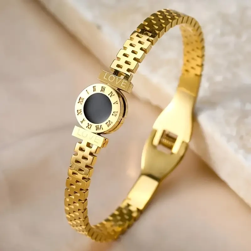SENLANSP Simple Style Stainless Steel Bangle with Roman Numerals