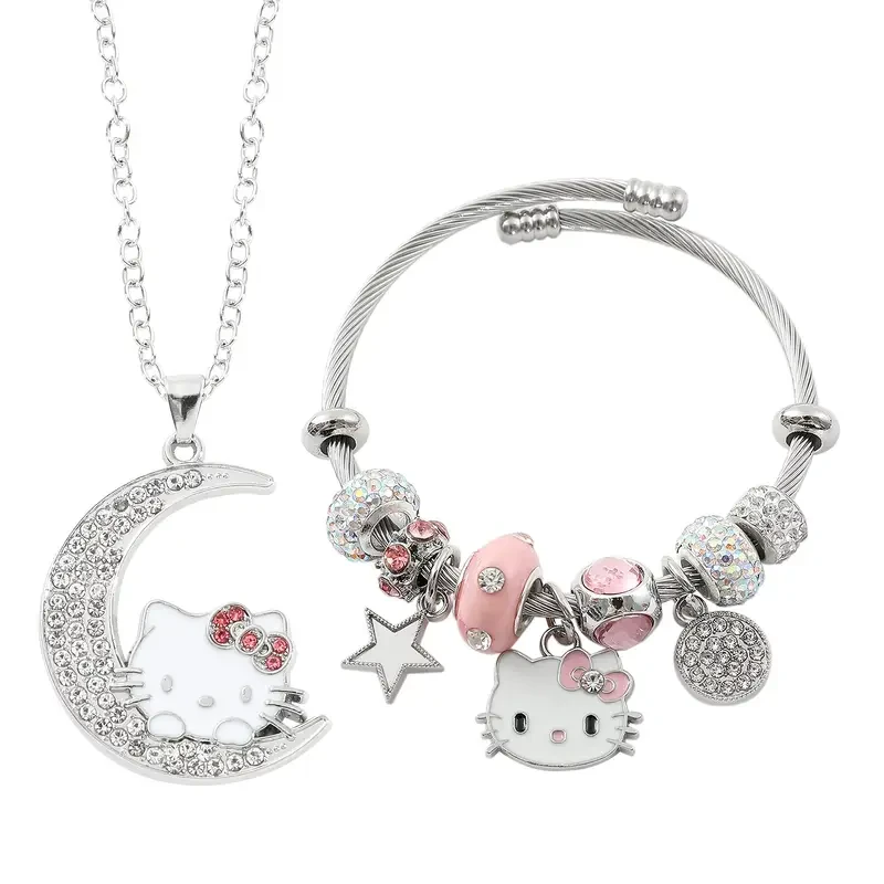 Sparkling Rhinestone Hello Kitty 2pcs Fashion Jewelry Set