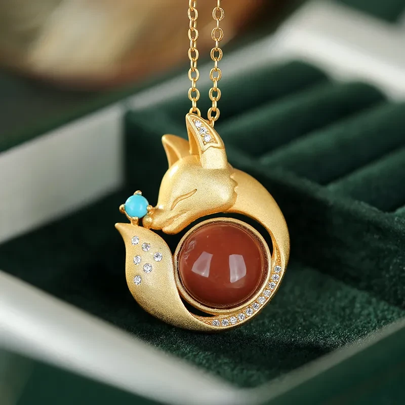 S925 Sterling Silver Inlaid Red Agate Pendant Female Simple Fashion Creative Fox Pendant Necklace