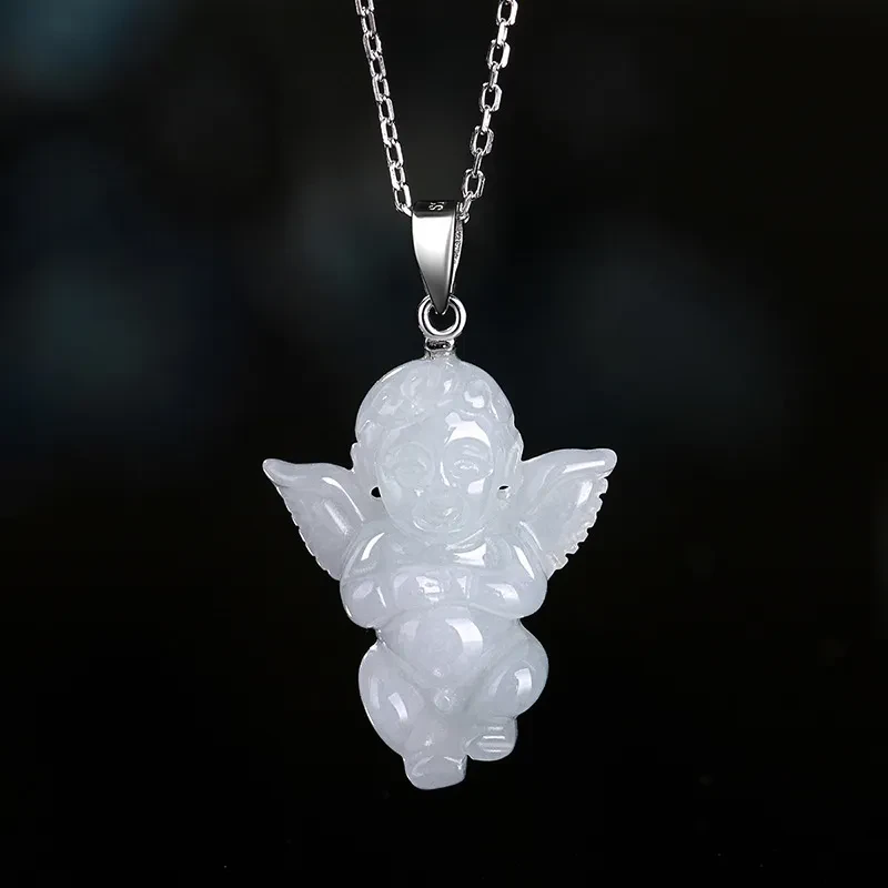 Natural Myanmar A Cargo Jade Angel Baby Pendant Silver Buckle Silver Chain Jade Pendant